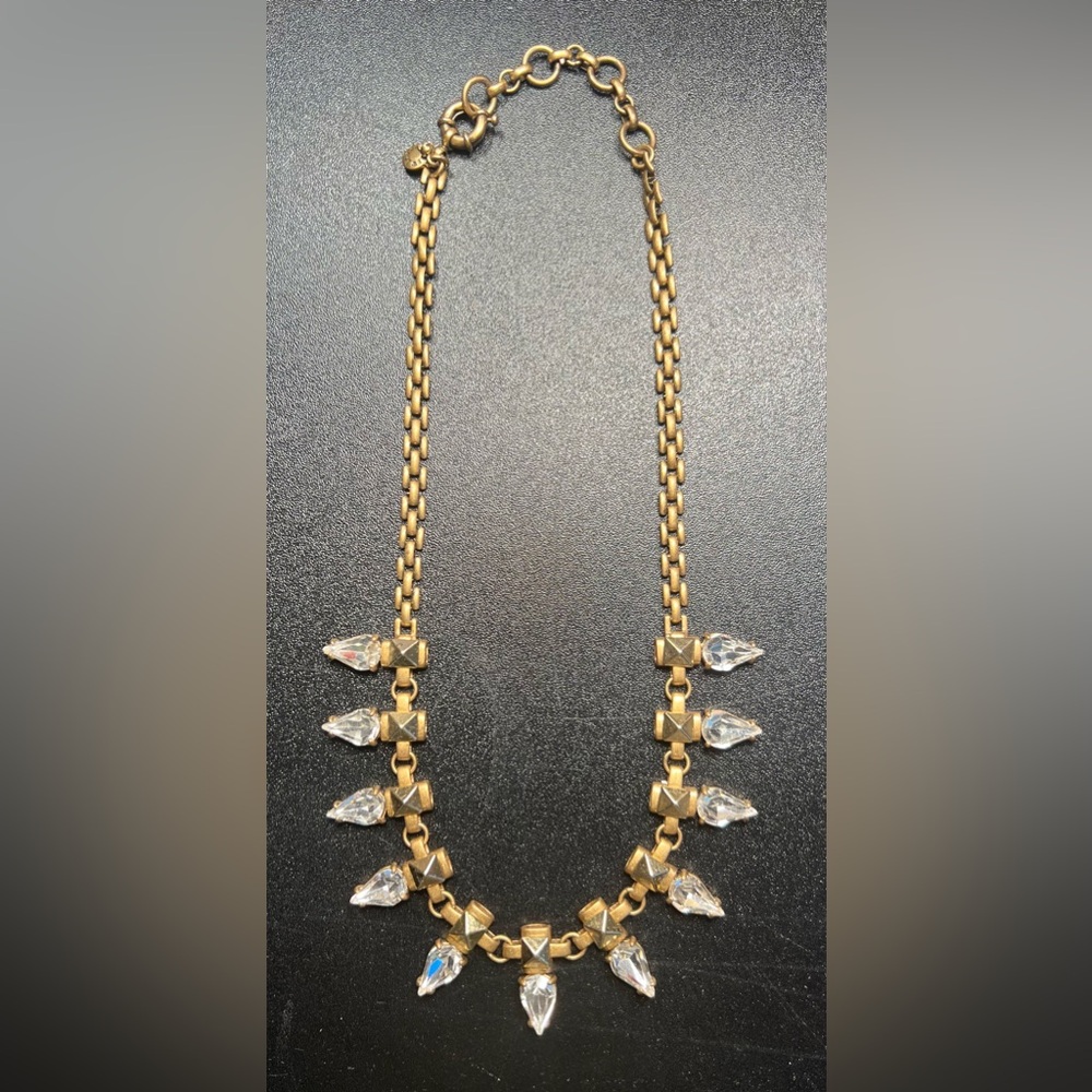 J CREW Brushed Antique Gold Pyramid Stud Prong Set Rhinestone Crystal Necklace